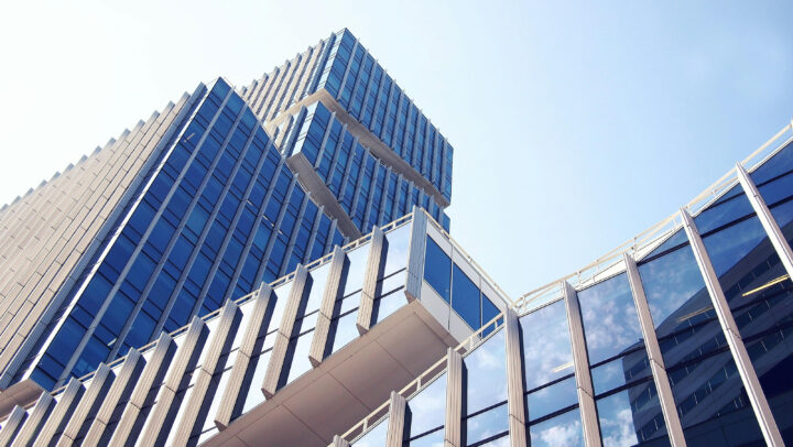 An urban landscape showing the outside of a large building